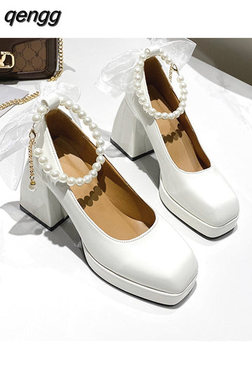 Niulatu Heels Elegant Bow Square Toe Black Fashion Women's Pumps Thick Heel Wedding Party Pearl Lace Wedding Shoes for Women DJSE